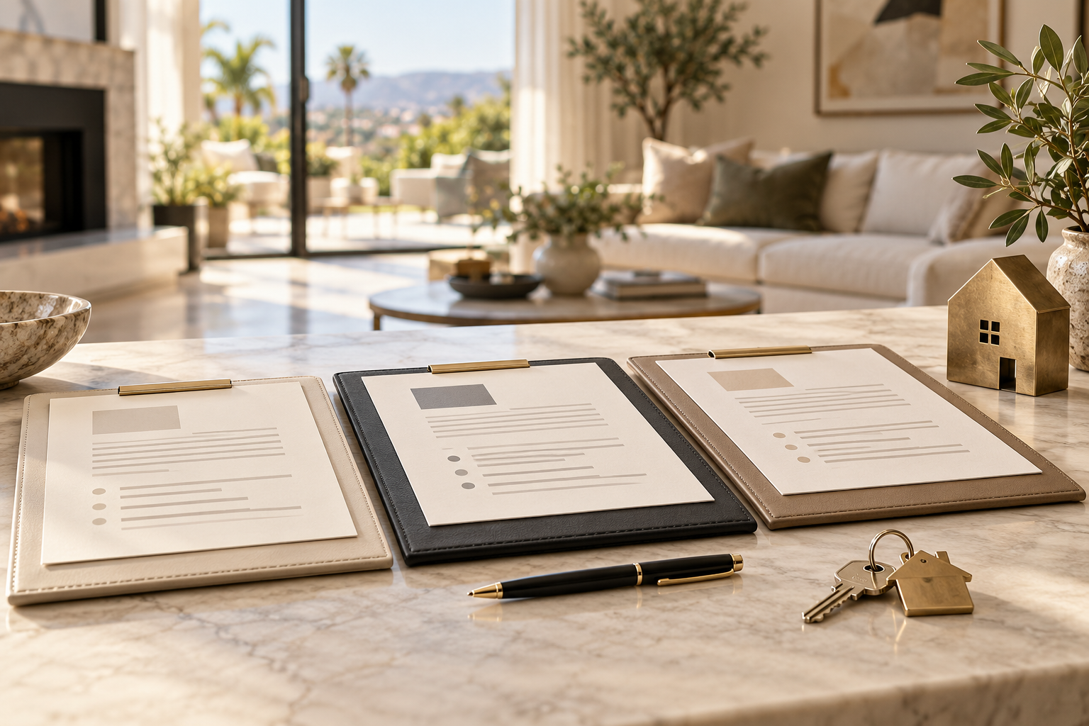 Illustration of offer documents and house keys on a table